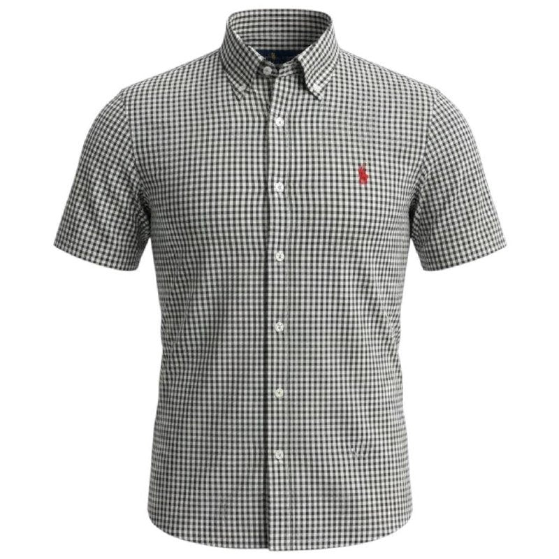 Camisa Ralph Lauren Masculina Manga Curta Micro Xadrez Cor Ferrugem Pony Vermelho