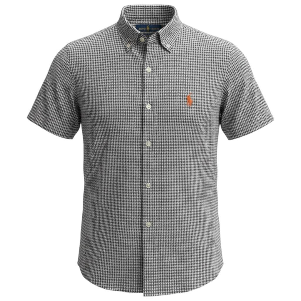 Camisa Ralph Lauren Masculina Manga Curta Micro Xadrez Preta Pony Laranja