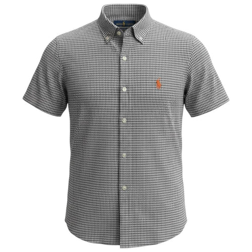 Camisa Ralph Lauren Masculina Manga Curta Micro Xadrez Preta Pony Laranja