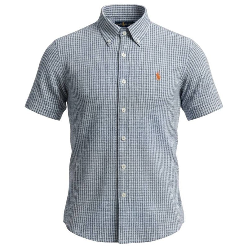 Camisa Ralph Lauren Masculina Manga Curta Micro Xadrez Cinzento Pony Laranja