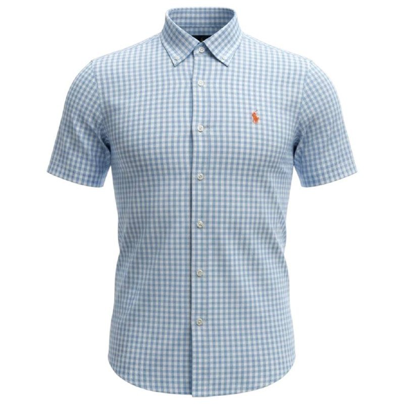 Camisa Ralph Lauren Masculina Manga Curta Xadrez Azul Bebê Pony Laranja