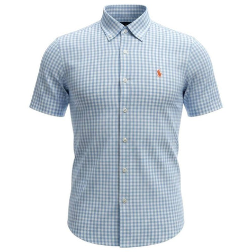 Camisa Ralph Lauren Masculina Manga Curta Xadrez Azul Bebê Pony Laranja