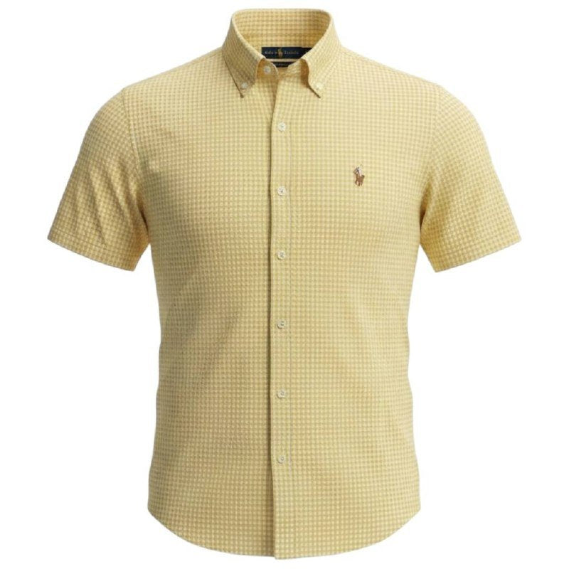 Camisa Ralph Lauren Masculina Manga Curta Micro Xadrez Amarelo Pony Colorido