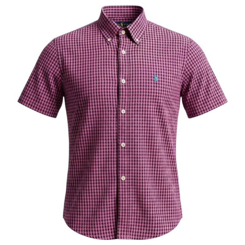 Camisa Ralph Lauren Masculina Manga Curta Micro Xadrez Pitaya Pony Azul