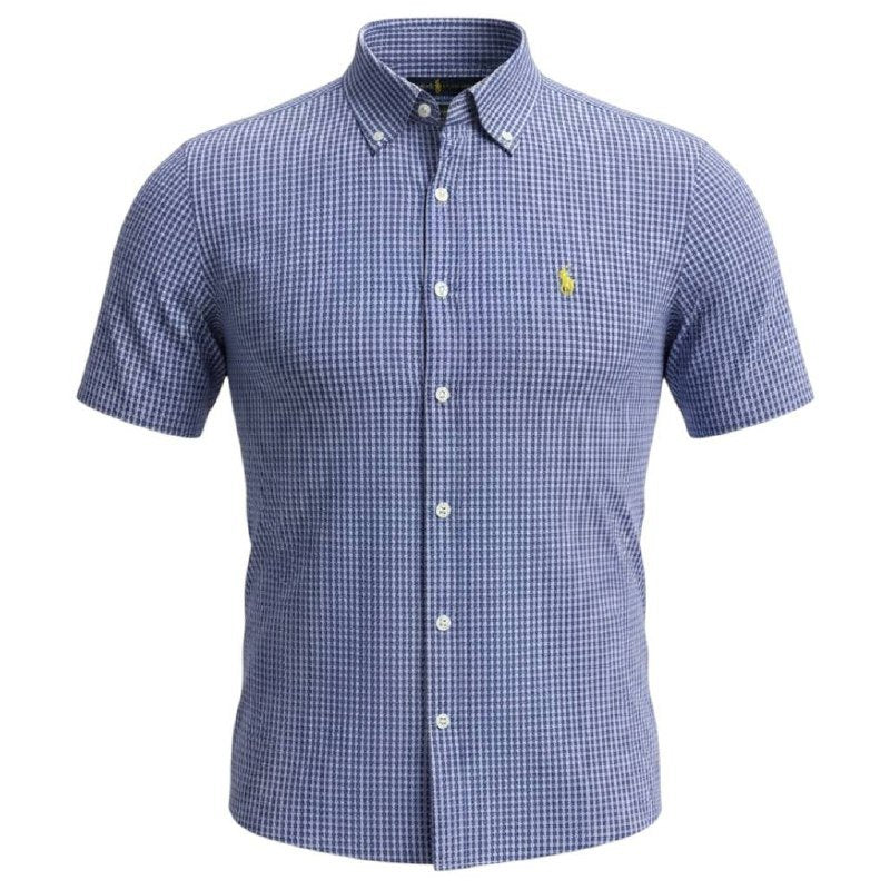 Camisa Ralph Lauren Masculina Manga Curta Micro Xadrez Azul Royal Pony Limão