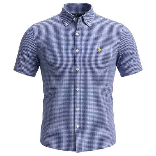 Camisa Ralph Lauren Masculina Manga Curta Micro Xadrez Azul Royal Pony Limão