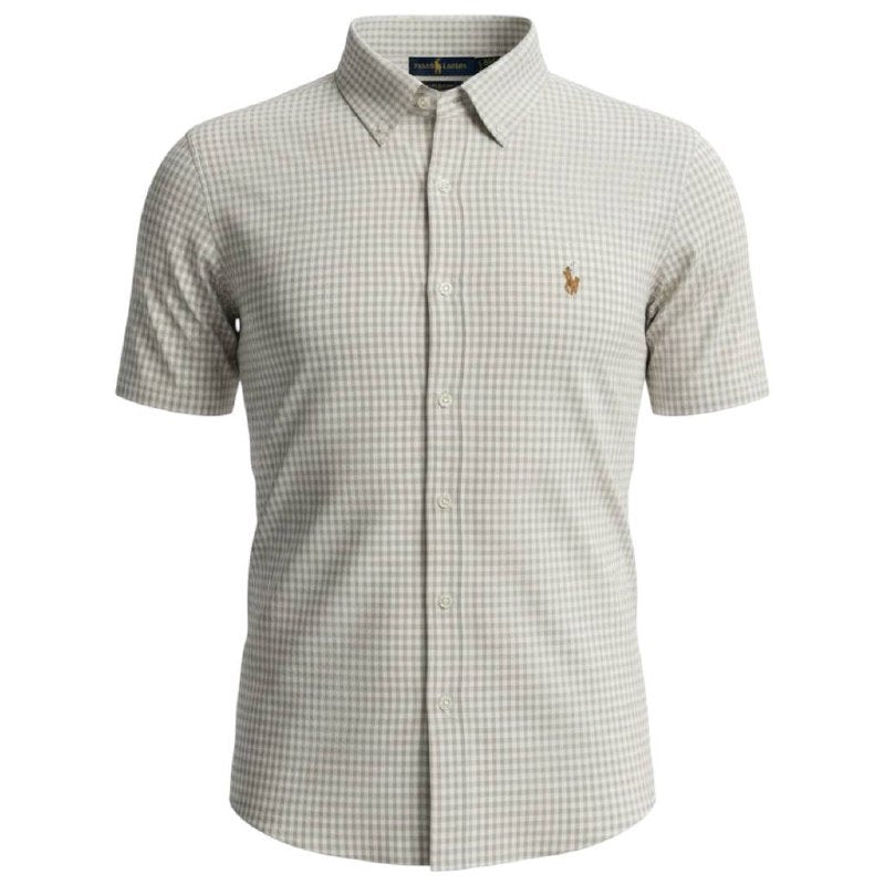 Camisa Ralph Lauren Masculina Manga Curta Micro Xadrez Creme Pony Colorido