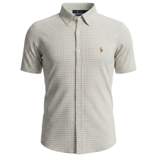 Camisa Ralph Lauren Masculina Manga Curta Micro Xadrez Creme Pony Colorido
