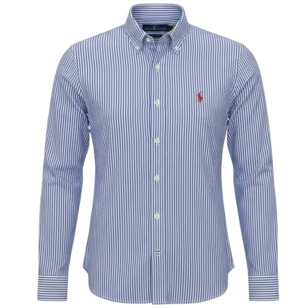 Camisa Ralph Lauren Masculina Azul Listras Americana Pony Vermelho