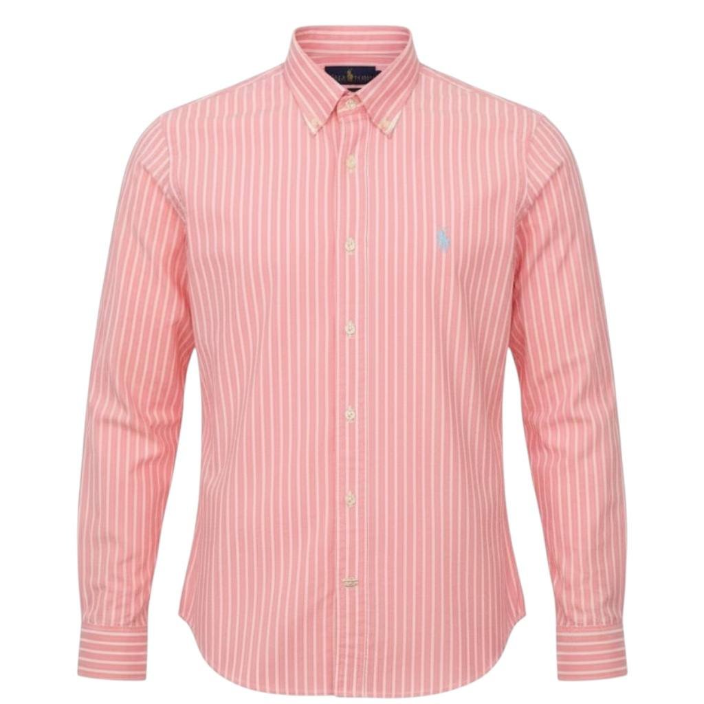 Camisa Ralph Lauren Masculina Rosa Listras Europa Pony Azul Gelo