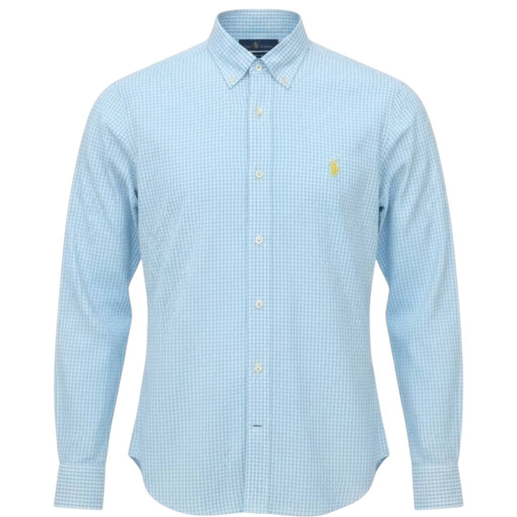 Camisa Ralph Lauren Masculina Micro Xadrez Azul Bebê Pony Amarelo