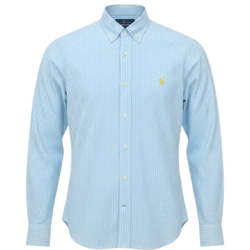 Camisa Ralph Lauren Masculina Micro Xadrez Azul Bebê Pony Amarelo