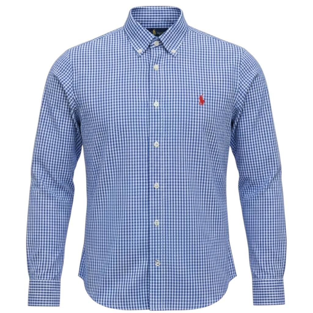 Camisa Ralph Lauren Masculina Micro Xadrez Azul Royal Pony Vermelho