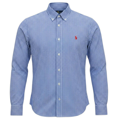 Camisa Ralph Lauren Masculina Micro Xadrez Azul Royal Pony Vermelho