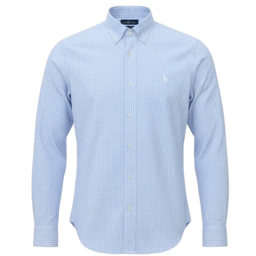 Camisa Ralph Lauren Masculina Micro Xadrez Azul Bebê Pony Branco