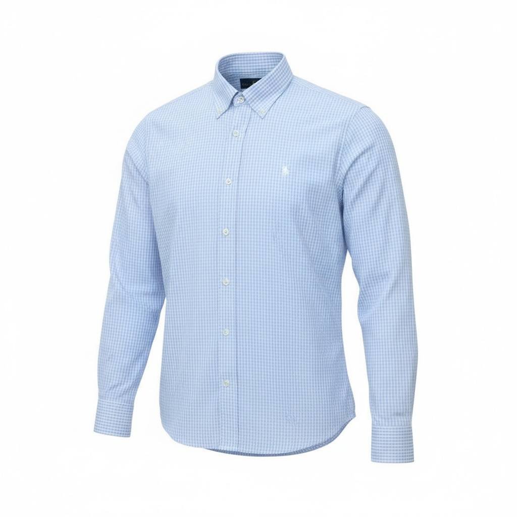 Camisa Ralph Lauren Masculina Micro Xadrez Azul Bebê Pony Branco