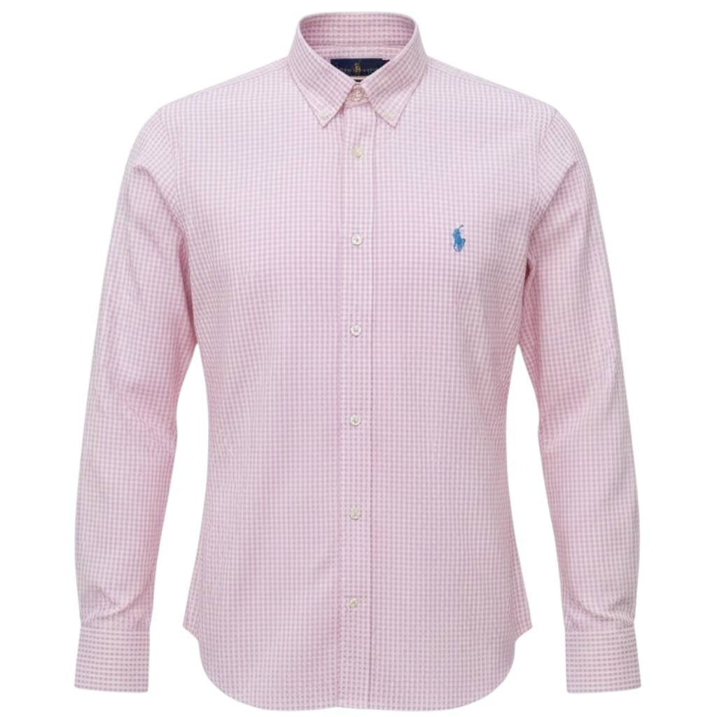 Camisa Ralph Lauren Masculina Micro Xadrez Rosa Pony Azul Bebê