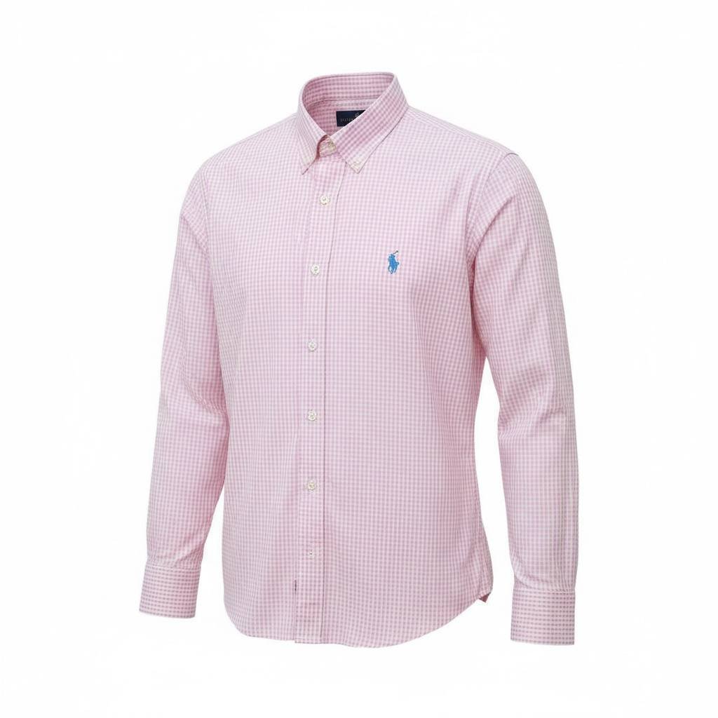Camisa Ralph Lauren Masculina Micro Xadrez Rosa Pony Azul Bebê