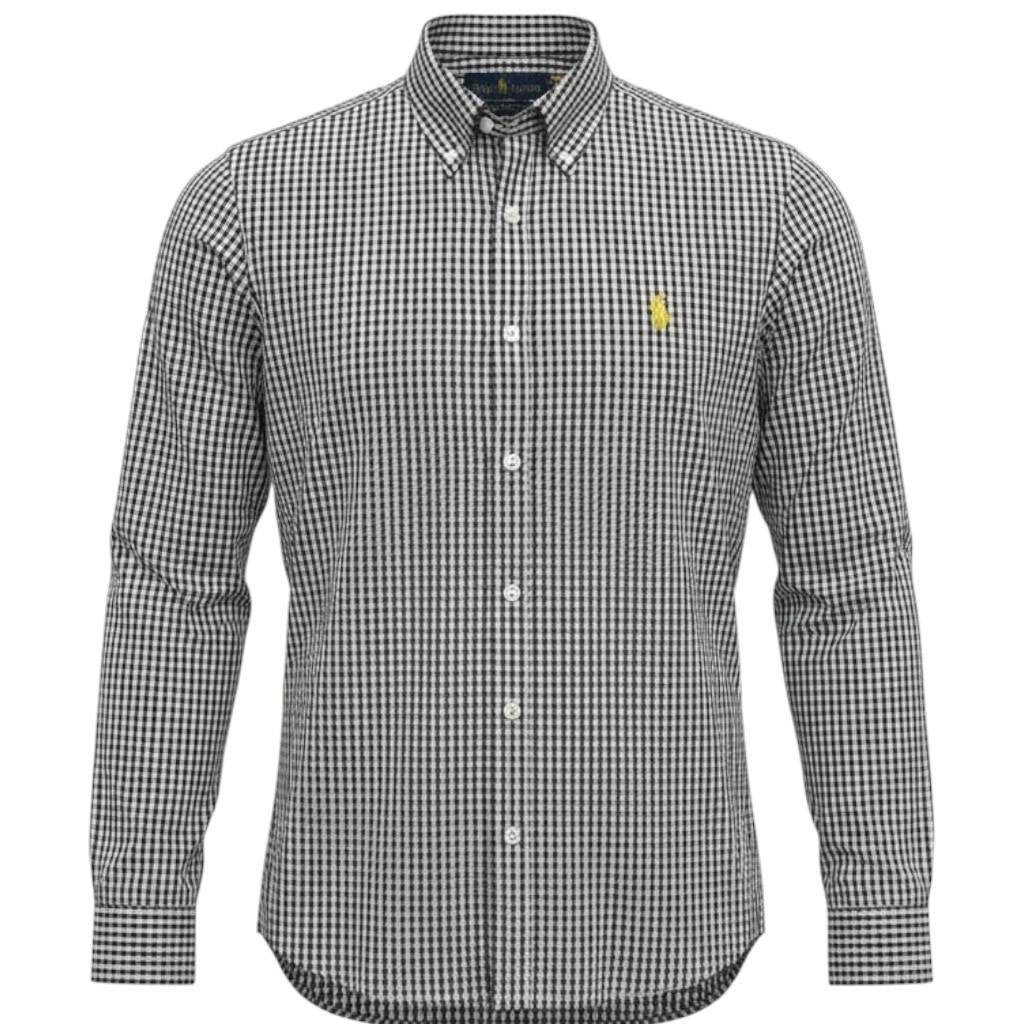 Camisa Ralph Lauren Masculina Micro Xadrez Preto Pony Amarelo