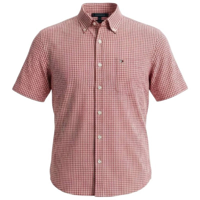 Camisa Tommy Hilfiger Masculina Micro Xadrez Manga Curta Vermelha