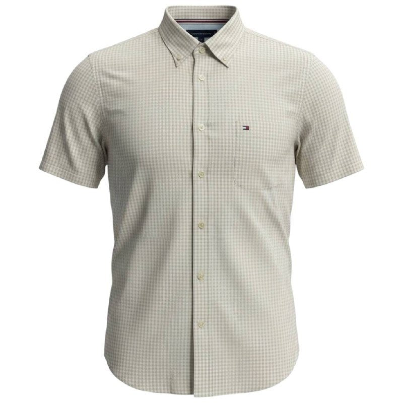 Camisa Tommy Hilfiger Masculina Micro Xadrez Manga Curta Creme