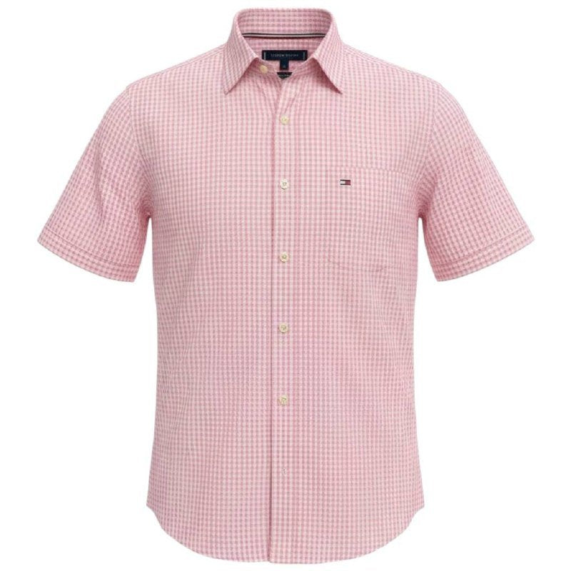 Camisa Tommy Hilfiger Masculina Micro Xadrez Manga Curta Rosa Bebê