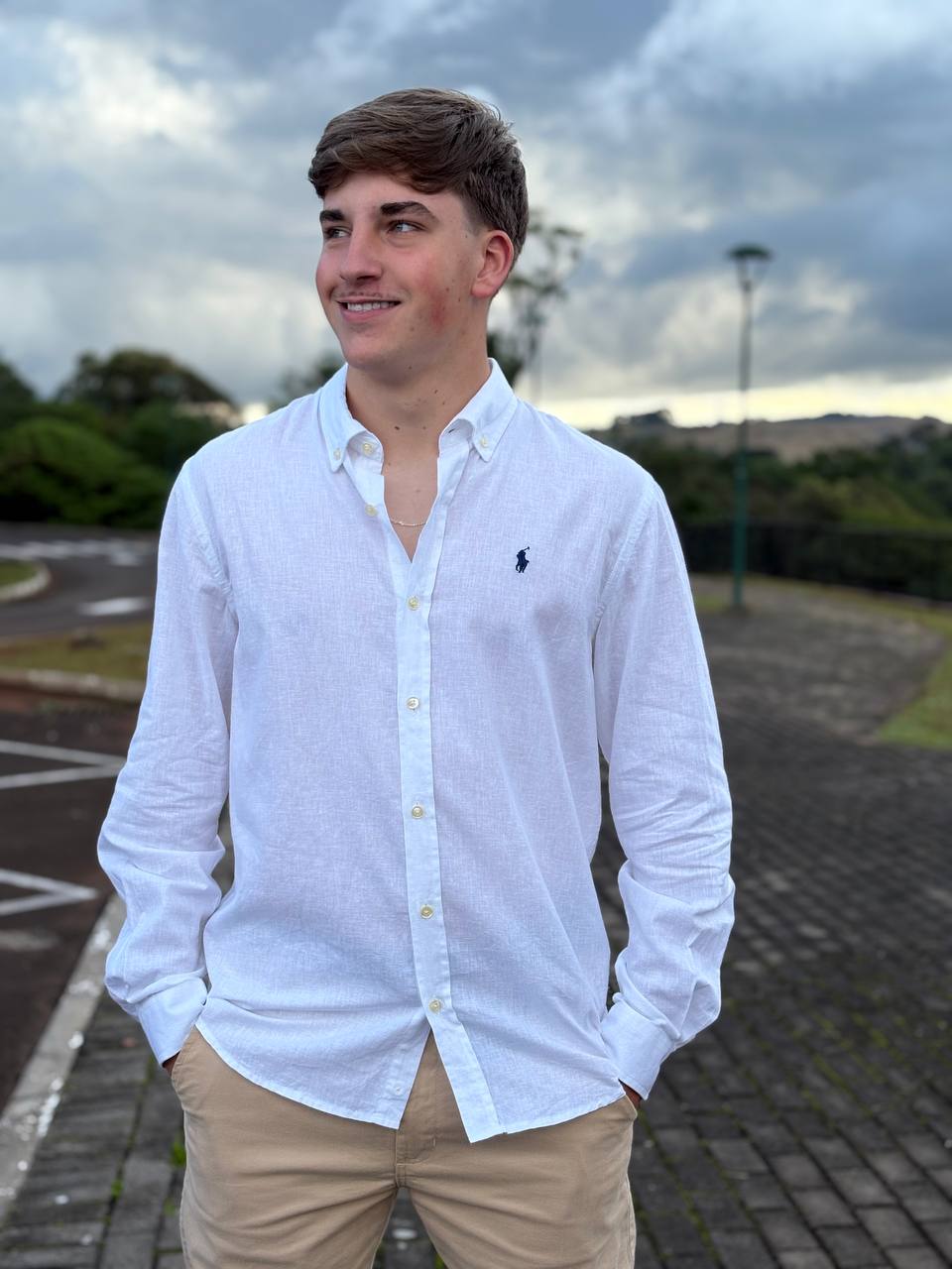Camisa Ralph Lauren Masculina Linho Praia cor Branca Pony Marinho