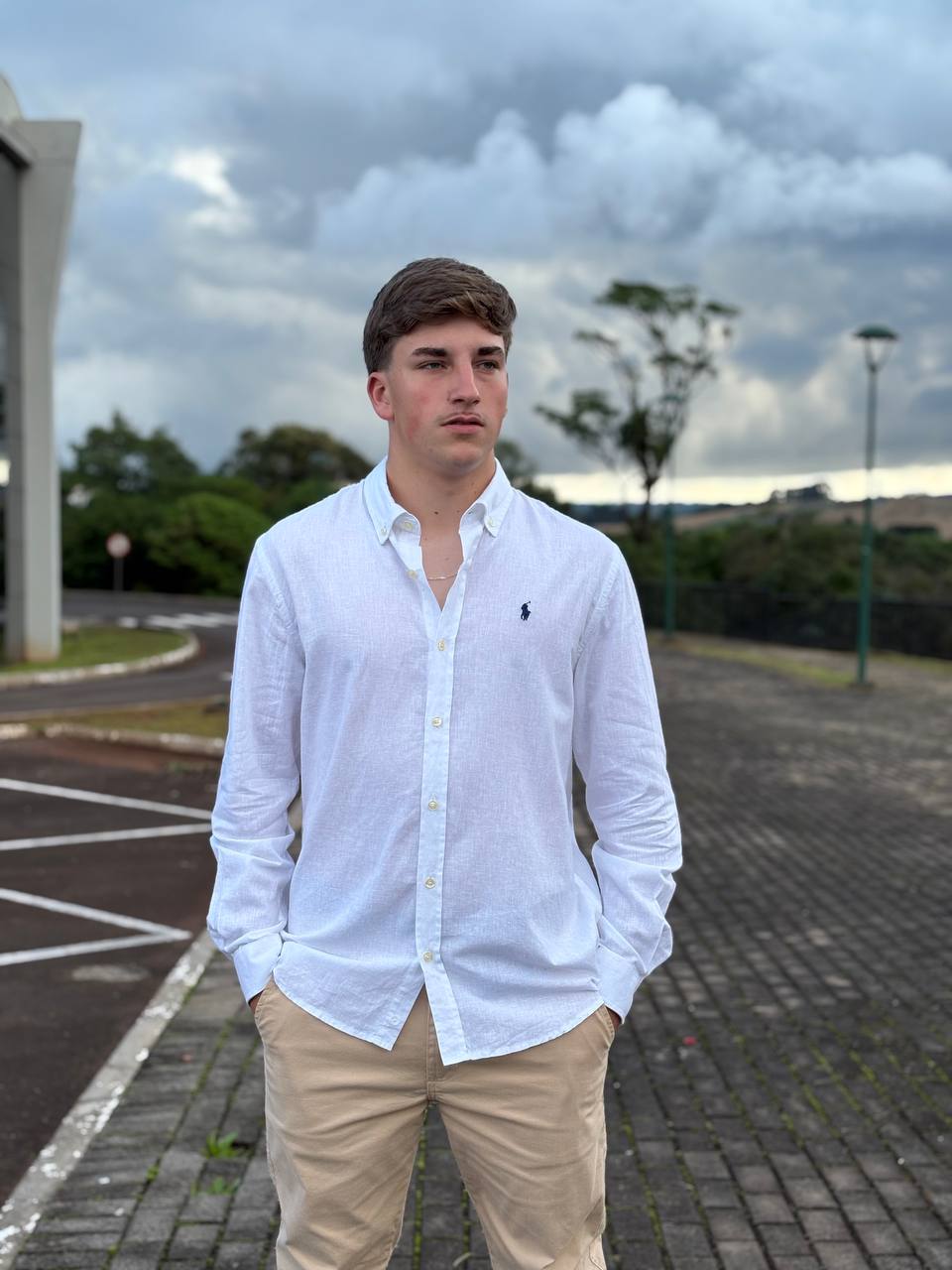 Camisa Ralph Lauren Masculina Linho Praia cor Branca Pony Marinho