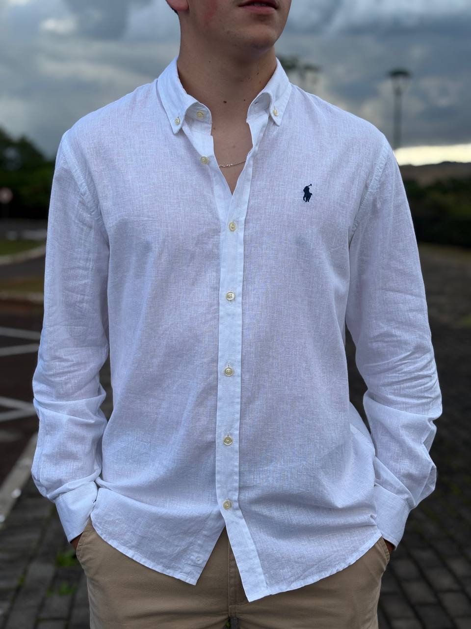 Camisa Ralph Lauren Masculina Linho Praia cor Branca Pony Marinho