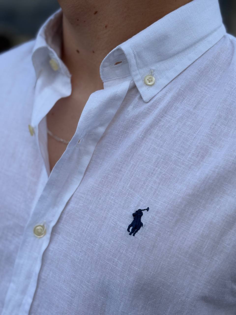 Camisa Ralph Lauren Masculina Linho Praia cor Branca Pony Marinho