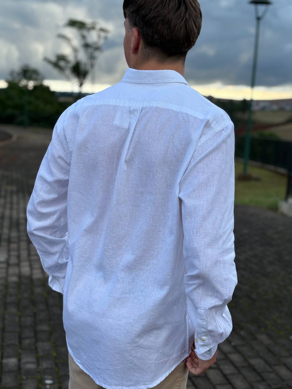 Camisa Ralph Lauren Masculina Linho Praia cor Branca Pony Marinho