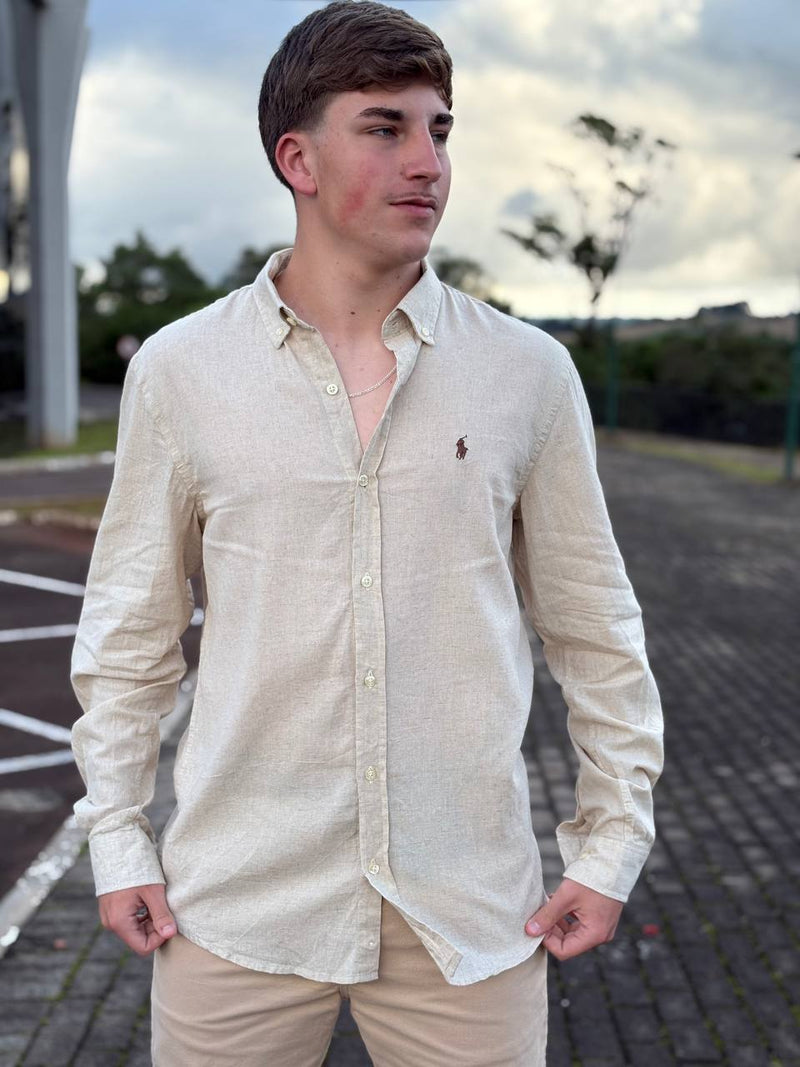 Camisa Ralph Lauren Masculina Linho Praia cor Palha Pony Chocolate