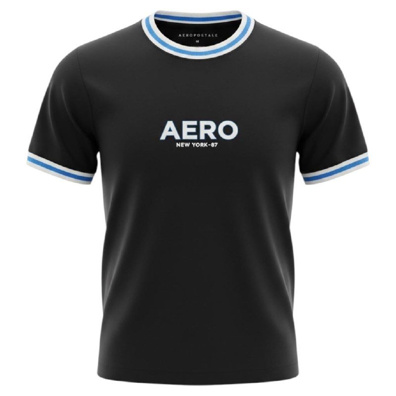 Camiseta Aeropostale Masculina Preta Gola Tricolor Logo Branco