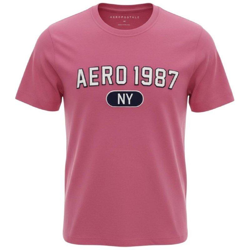 Camiseta Aeropostale Masculina Rosa NY 1987 Logo Branco
