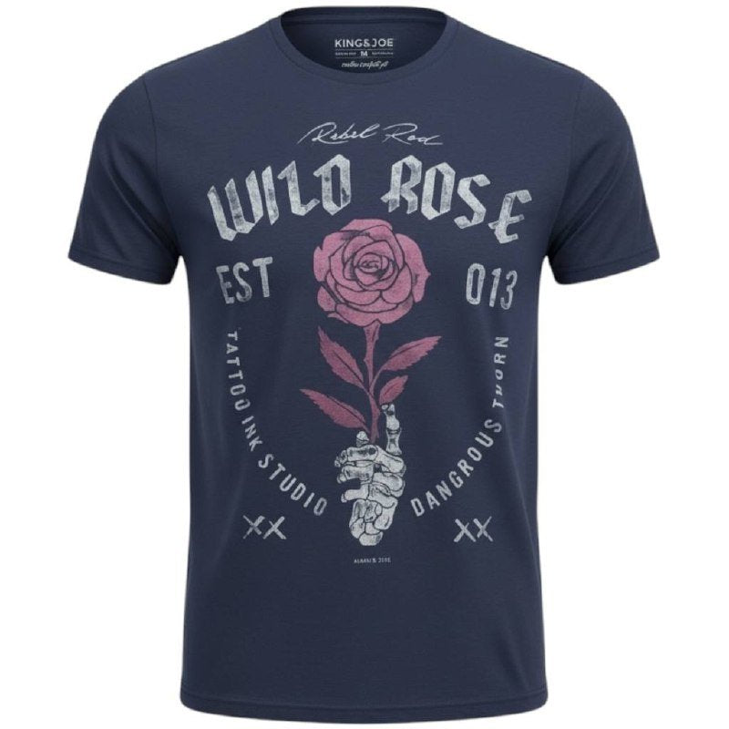 Camiseta Básica King&Joe Masculina Marinho Estampa Wild Rose