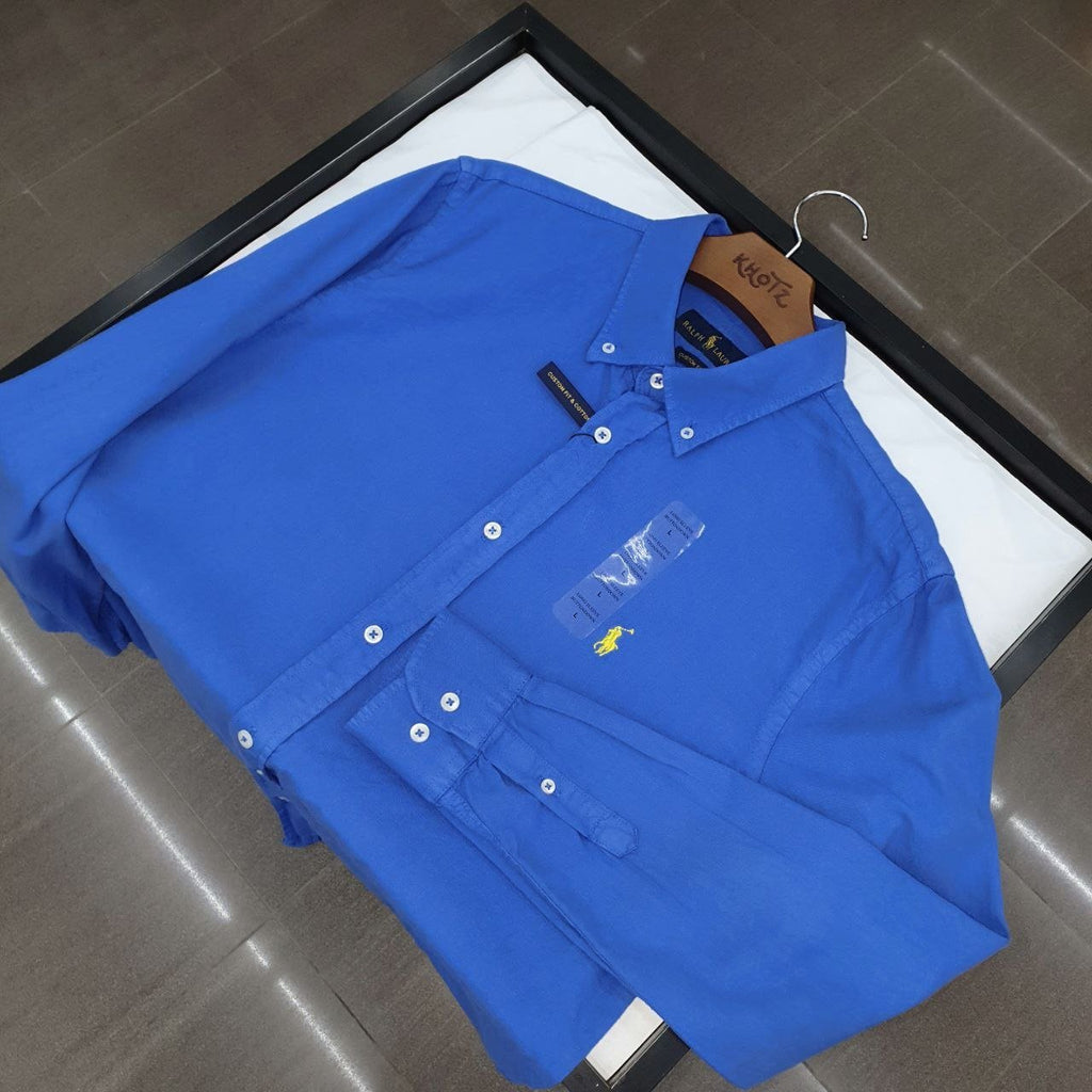 Camisa Ralph Lauren Masculina Oxford Tinturado Azul Royal Pony Verde Neon