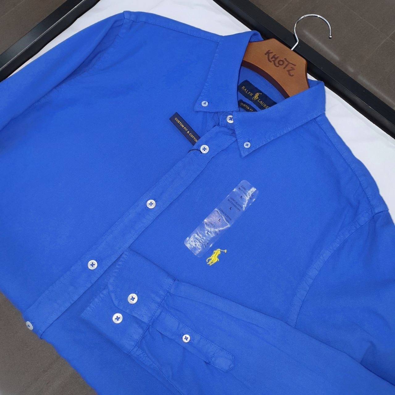 Camisa Ralph Lauren Masculina Oxford Tinturado Azul Royal Pony Verde Neon