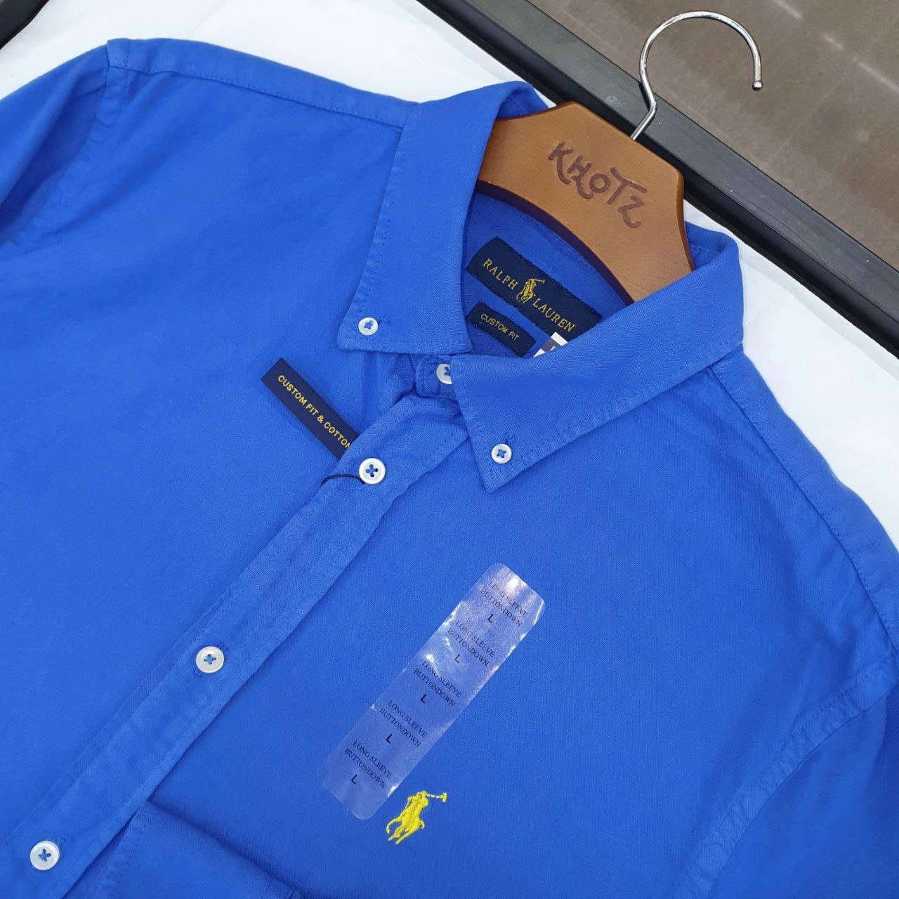 Camisa Ralph Lauren Masculina Oxford Tinturado Azul Royal Pony Verde Neon