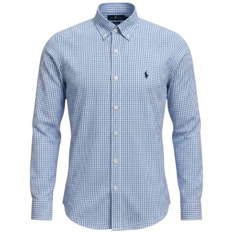 Camisa Ralph Lauren Masculina Oxford Micro Xadrez Clássico Azul Bebê Pony Marinho