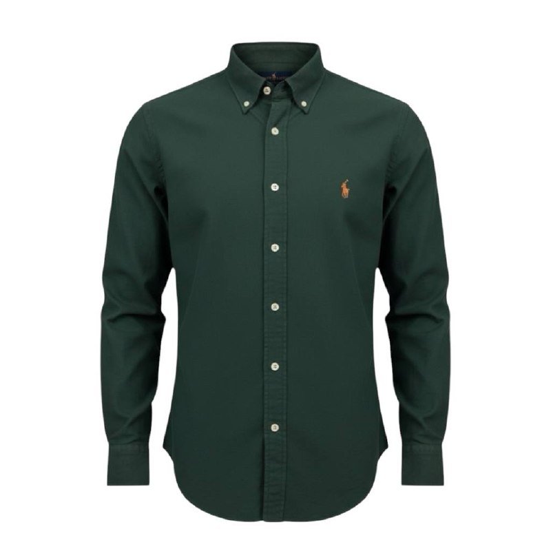 Camisa Ralph Lauren Masculina Oxford Tinturado Verde Floresta Pony Dourado