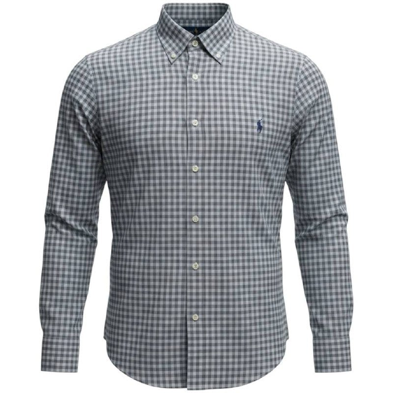 Camisa Ralph Lauren Masculina Xadrez Cinzento Pony Chumbo