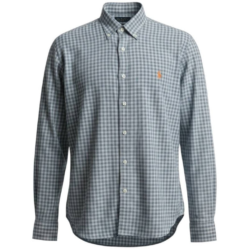 Camisa Ralph Lauren Masculina Xadrez Cinzento Pony Laranja