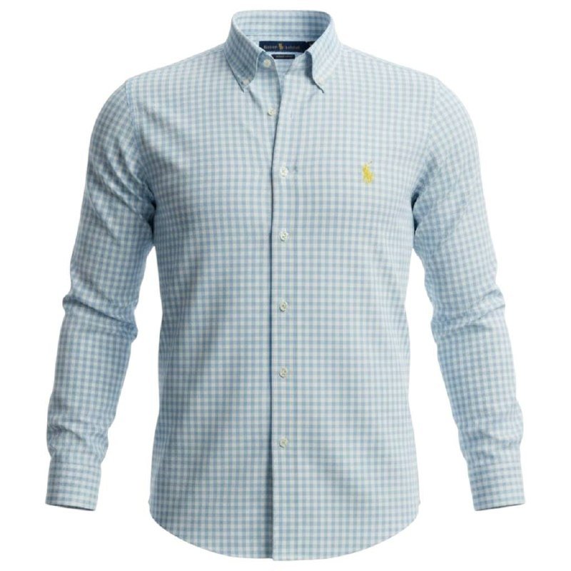 Camisa Ralph Lauren Masculina Xadrez Europeu Azul Bebê Pony Amarelo