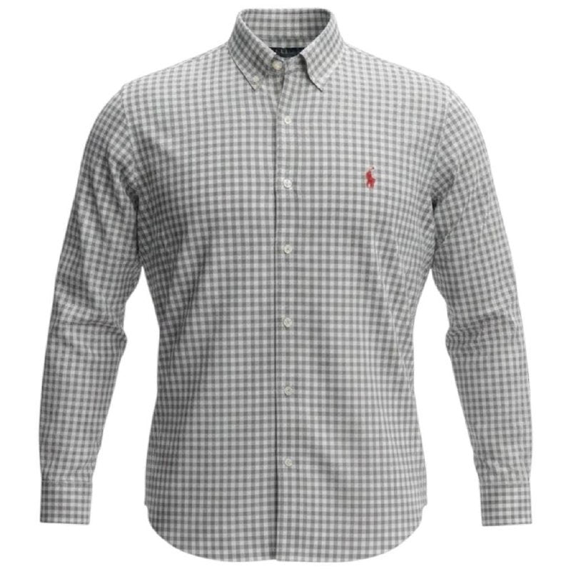 Camisa Ralph Lauren Masculina Xadrez Cinzento Pony Vermelho