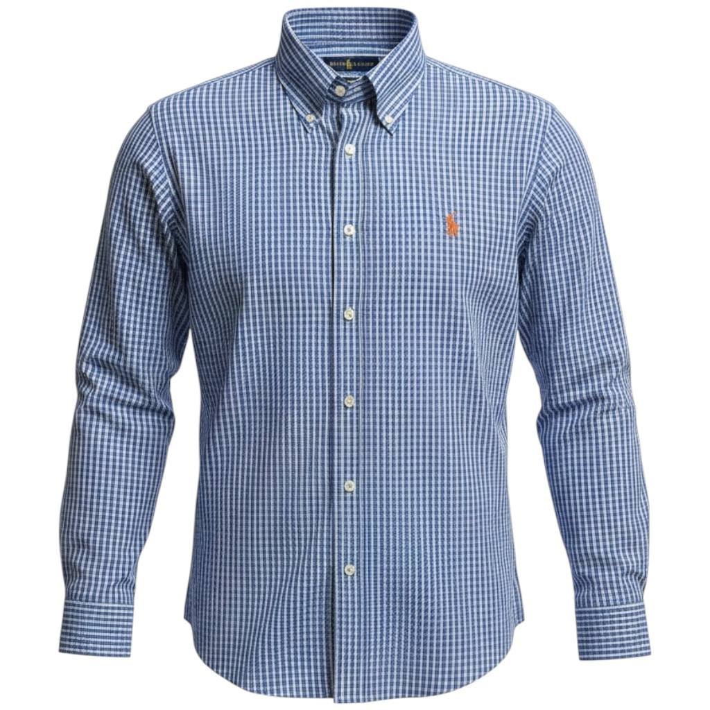 Camisa Ralph Lauren Masculina Xadrez Azul Pony Laranja