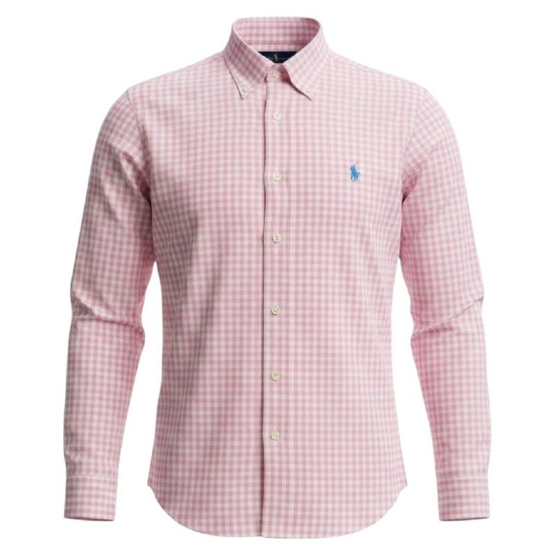 Camisa Ralph Lauren Masculina Xadrez Rosa Pony Azul Bebê
