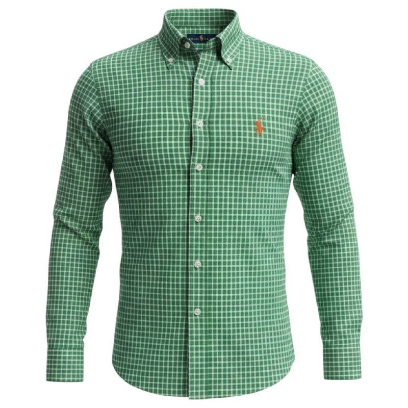 Camisa Ralph Lauren Masculina Xadrez Verde Listras Brancas Pony Laranja