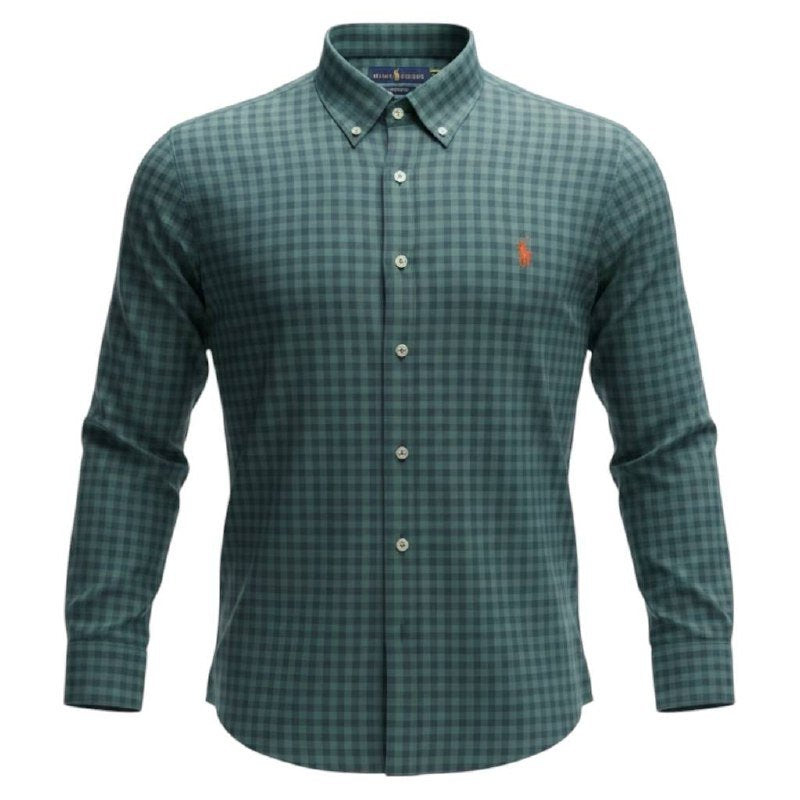 Camisa Ralph Lauren Masculina Xadrez Verde Pony Laranja