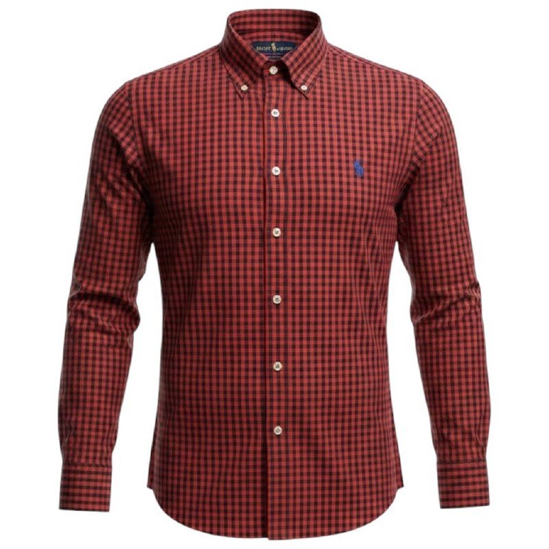 Camisa Ralph Lauren Masculina Xadrez Vermelho Sangue Pony Azul