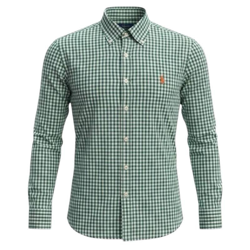 Camisa Ralph Lauren Masculina Xadrez Verde e Branco Pony Laranja